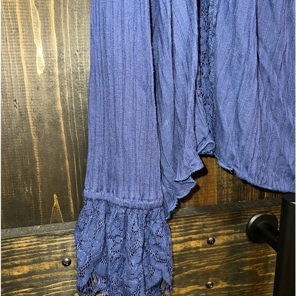 Free People Top M Georgia Lace Tunic Peasant Button Front Semi Sheer Navy Blue - Picture 9 of 13